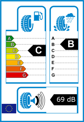 EU-Reifel-Label Kraftstoffeffizienz-Klasse C Nasshaftung-Klasse B Rollgeraeusch-Klasse 1 Rollgeraeusch-dB 69