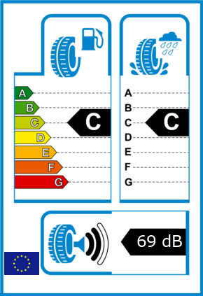 EU-Reifel-Label Kraftstoffeffizienz-Klasse C Nasshaftung-Klasse C Rollgeraeusch-Klasse 2 Rollgeraeusch-dB 69