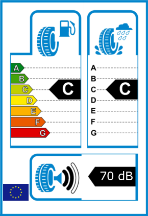 EU-Reifel-Label Kraftstoffeffizienz-Klasse C Nasshaftung-Klasse C Rollgeraeusch-Klasse 2 Rollgeraeusch-dB 70