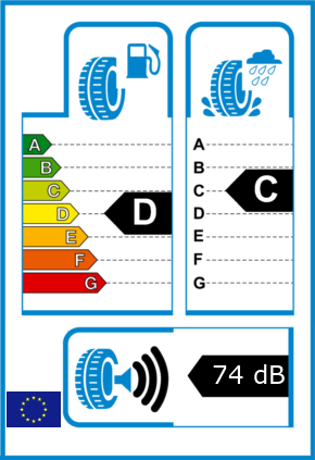 EU-Reifel-Label Kraftstoffeffizienz-Klasse D Nasshaftung-Klasse C Rollgeraeusch-Klasse 3 Rollgeraeusch-dB 74