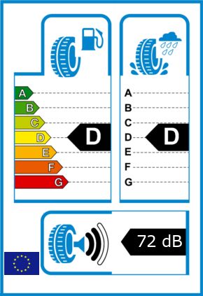 EU-Reifel-Label Kraftstoffeffizienz-Klasse D Nasshaftung-Klasse D Rollgeraeusch-Klasse 2 Rollgeraeusch-dB 72