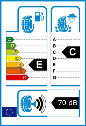 EU-Reifel-Label Kraftstoffeffizienz-Klasse E Nasshaftung-Klasse C Rollgeraeusch-Klasse 2 Rollgeraeusch-dB 70