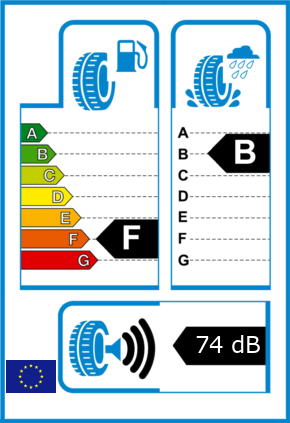 EU-Reifel-Label Kraftstoffeffizienz-Klasse F Nasshaftung-Klasse B Rollgeraeusch-Klasse 3 Rollgeraeusch-dB 74