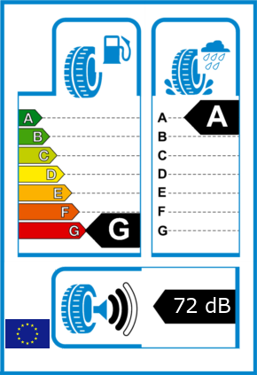 EU-Reifel-Label Kraftstoffeffizienz-Klasse G Nasshaftung-Klasse A Rollgeraeusch-Klasse 2 Rollgeraeusch-dB 72